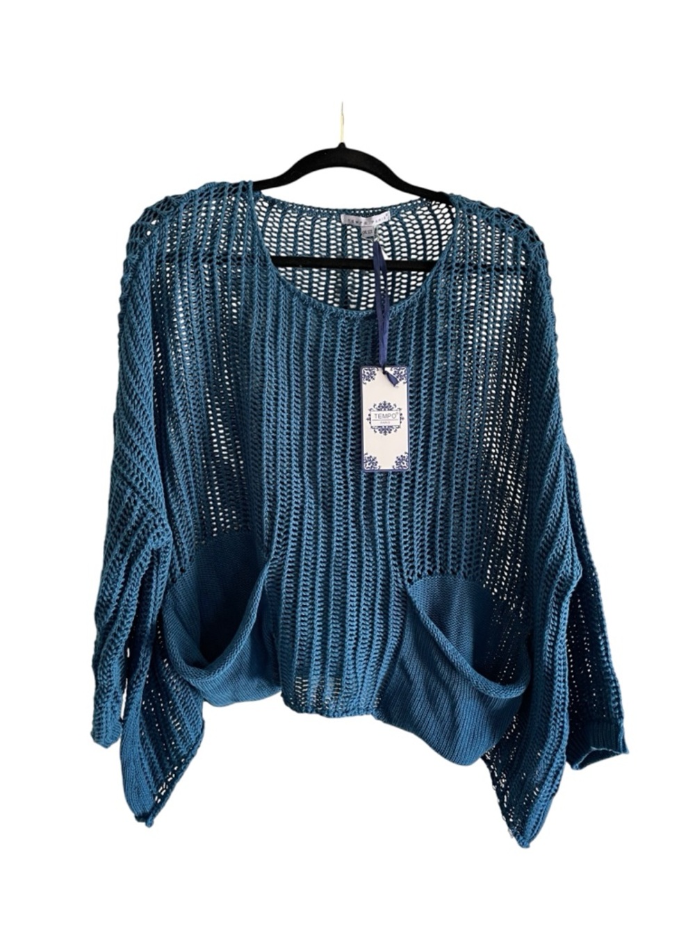Tempo Paris Teal Open Knit Sweater One Size NWT Boho Crochet Lightweight Pocket